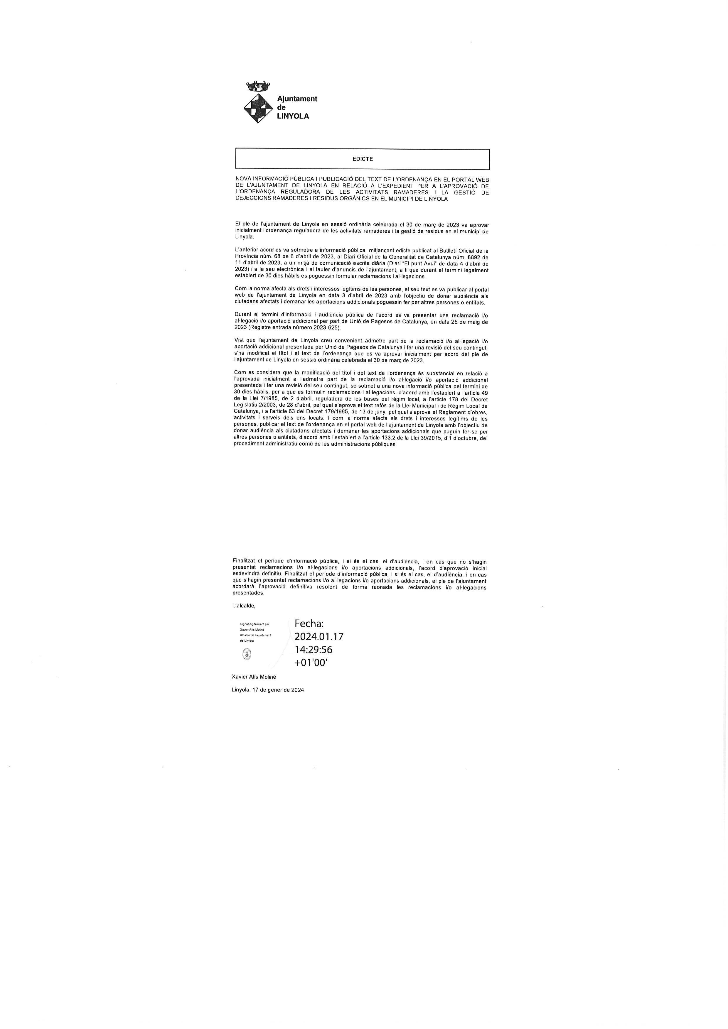 NOVA INFORMACI&Oacute; P&Uacute;BLICA DE L'ORDENAN&Ccedil;A REGULADORA DE LES ACTIVITATS RAMADERES I LA GESTI&Oacute; DE DEJECCIONS RAMADERES I RESIDUS ORG&Agrave;NICS EN EL MUNICIPI DE LINYOLA 