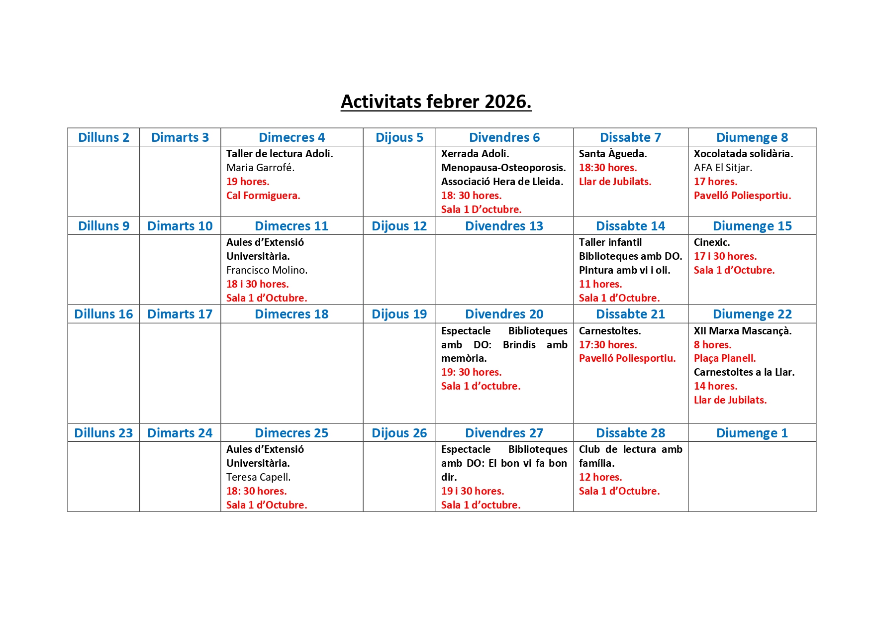 Activitats - Febrer 2026