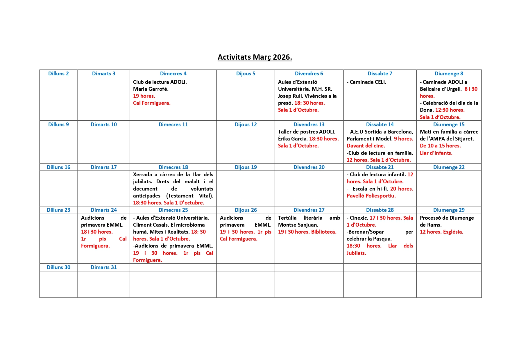 Activitats - Mar&ccedil; 2026